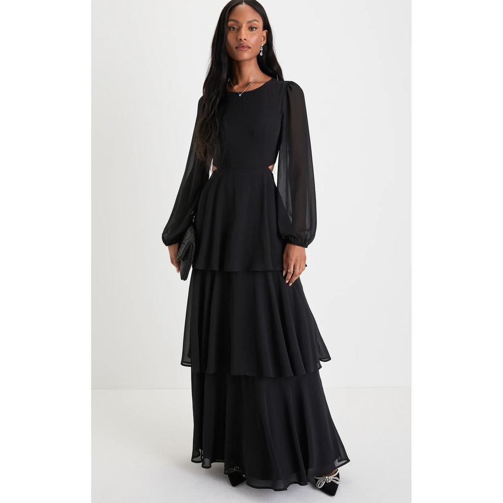 NEW Lulus Garden Bliss Black Cutout Long Sleeve Tiered Maxi Dress Chiffon Size M